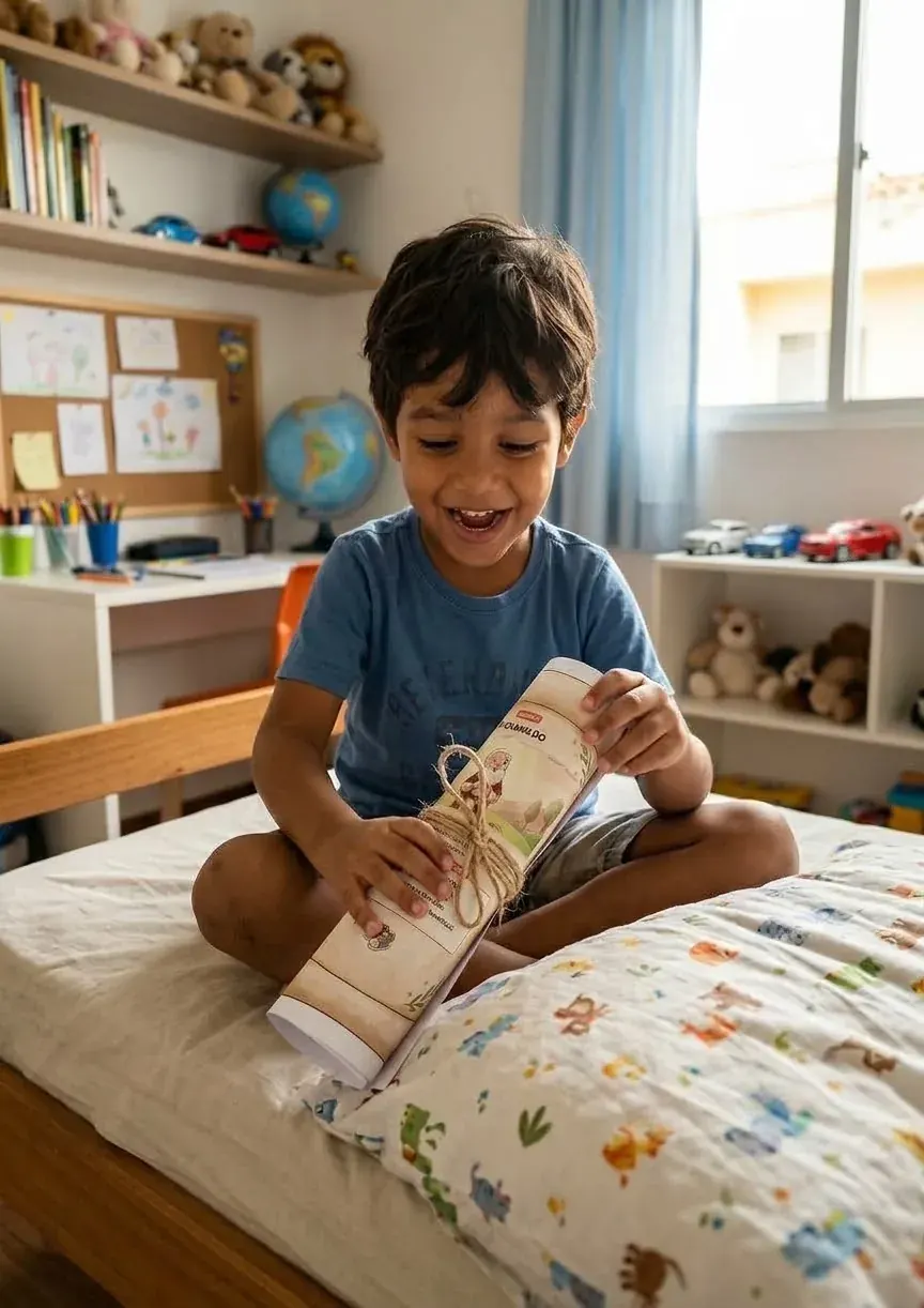 Criança encontrando uma das pistas escondidas durante a caça ao tesouro