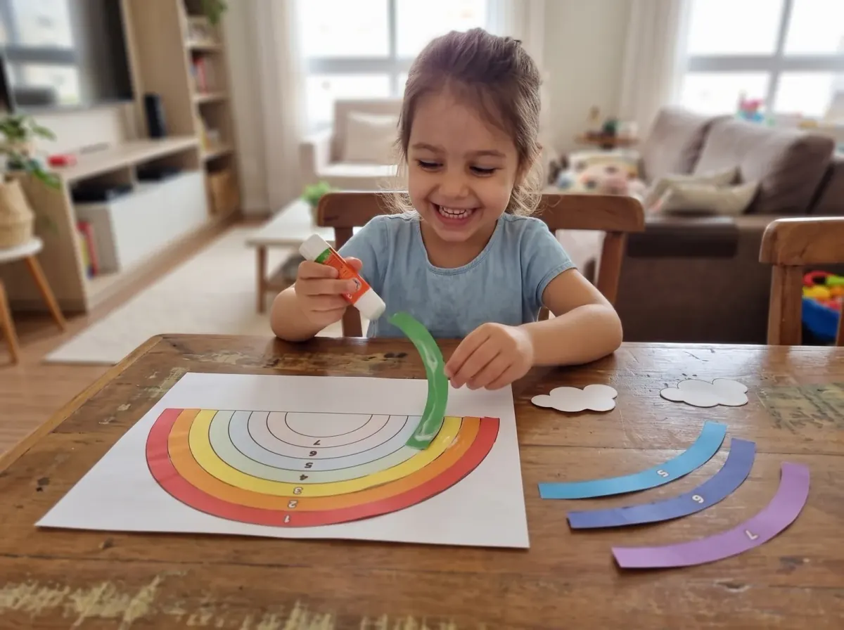 Mãos montando o Arco-íris da Promessa com as sete tiras coloridas