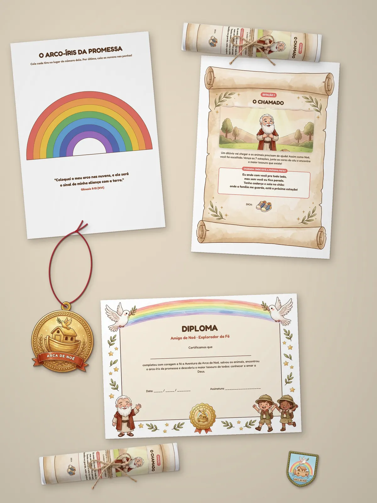 Kit impresso da Aventura da Arca de Noé: pistas em pergaminho enroladas, o arco-íris da promessa, o diploma, a medalha e a insígnia